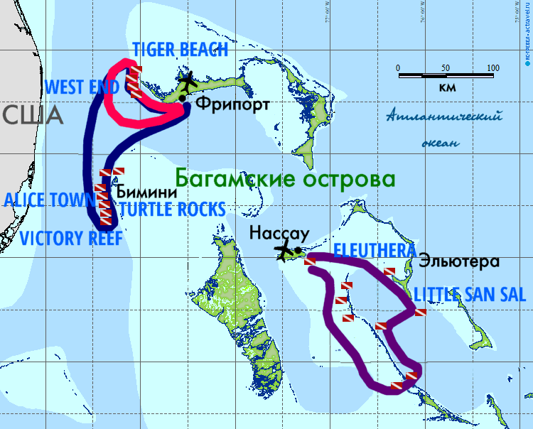 Карта основных маршрутов дайвинг-сафари Bahamas Aggressor по Багамским островам