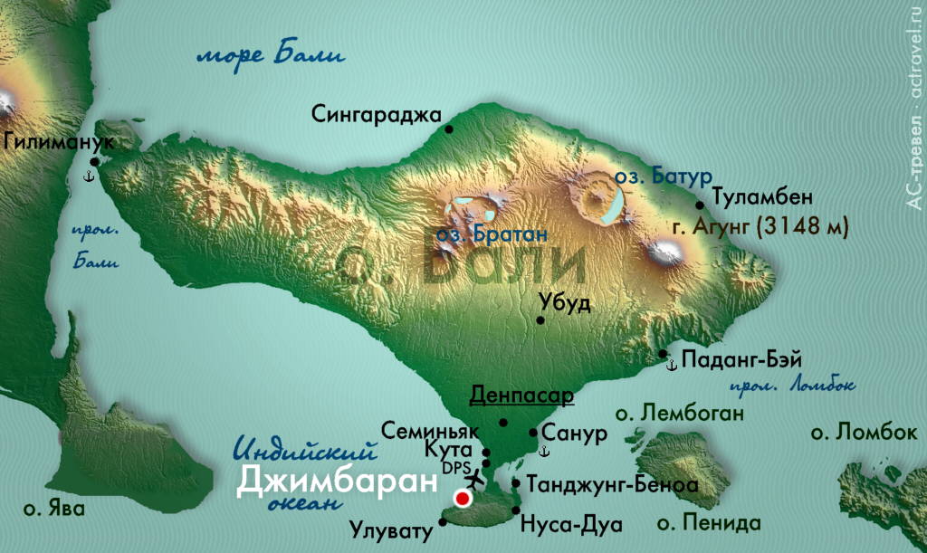 Положение Джимбарана на карте острова Бали