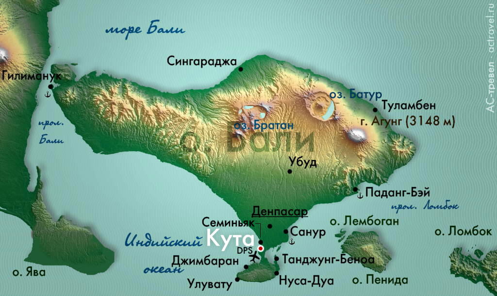 Положение Куты на карте острова Бали