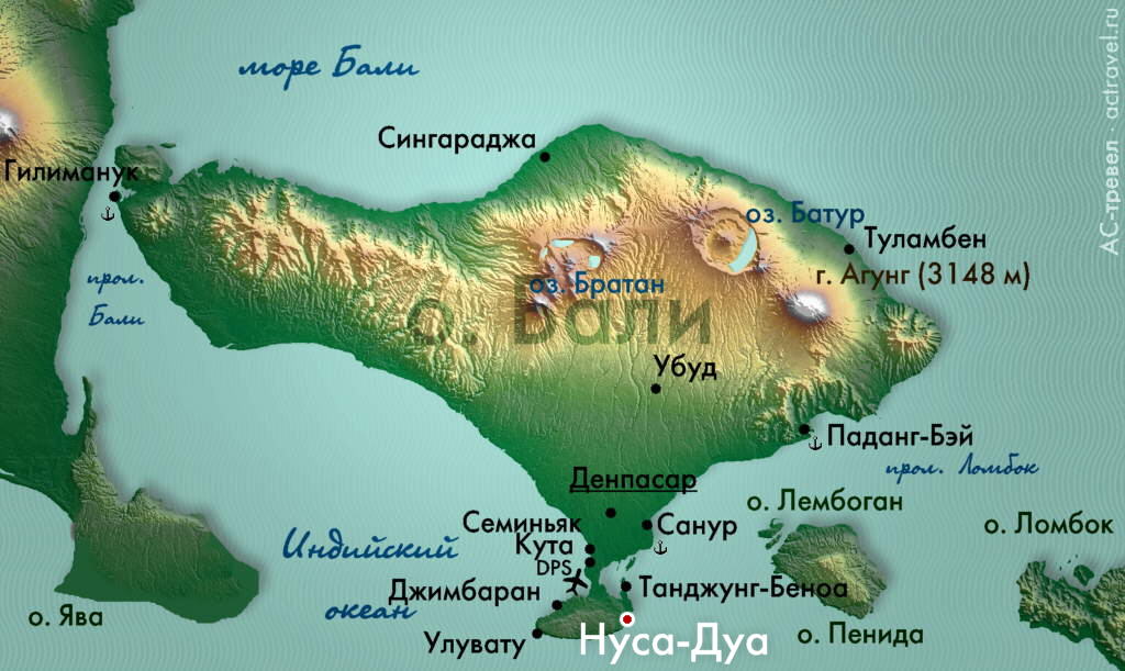 Положение Нуса-Дуа на карте острова Бали