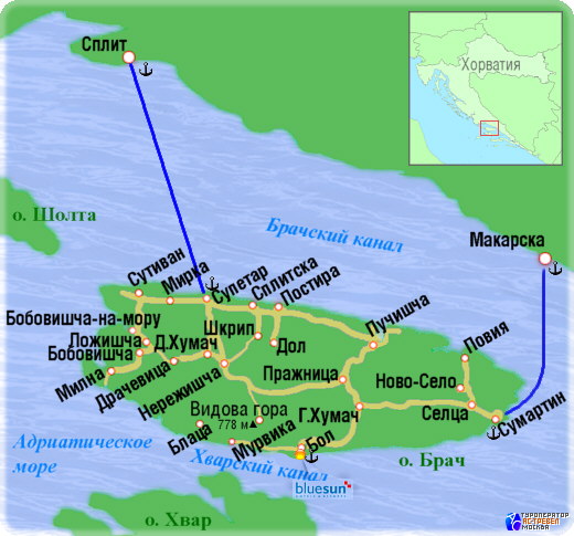 Положение отеля Bluesun Elaphusa на карте острова Брач