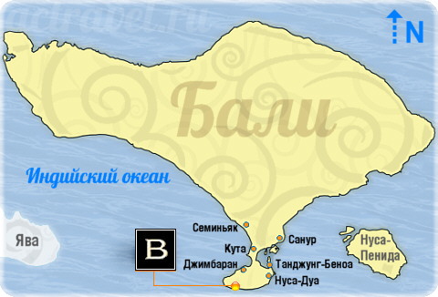 Положение отеля BVLGARI Bali на карте острова Бали
