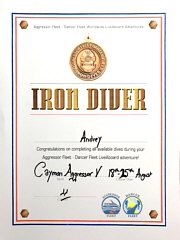 Диплом почетного знака Iron Diver яхты Cayman Aggressor V