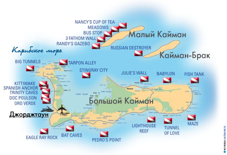 Карта дайв-сайтов на Каймановых островах