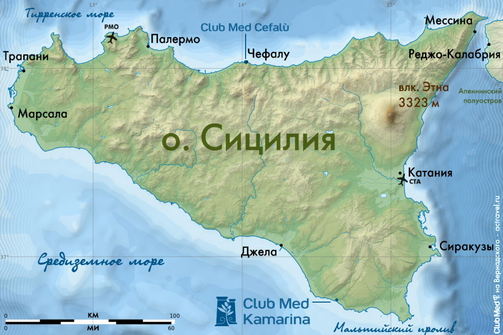 Расположение курорта Club Med Kamarina на карте острова Сицилия