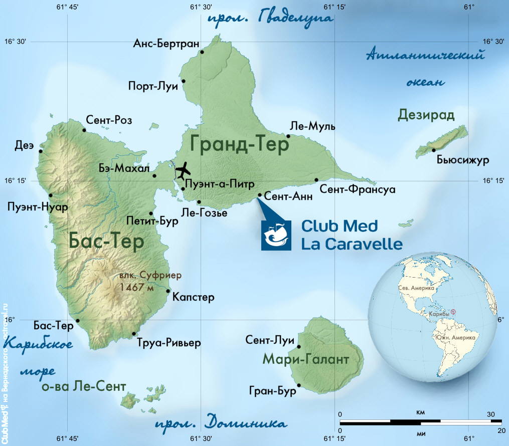 Положение курорта Club Med La Caravelle на карте Гваделупы