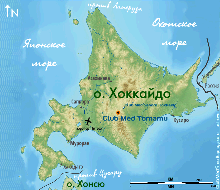 Положение городка Club Med Tomamu Hokkaido на карте острова Хоккайдо