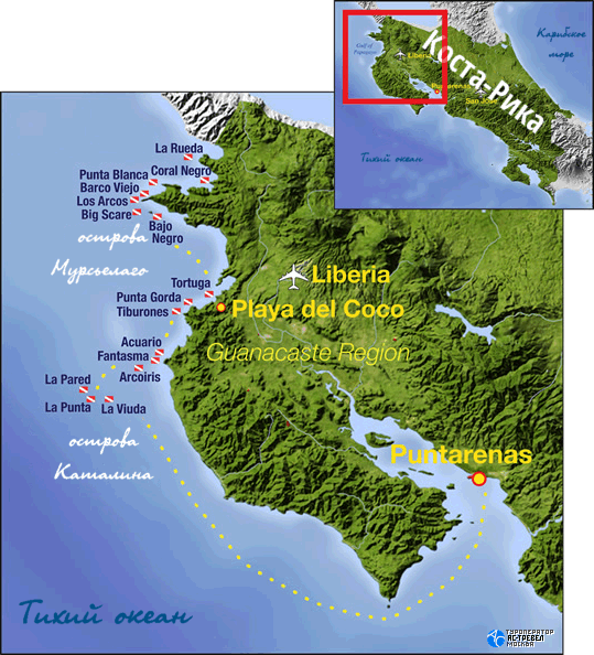 Карта маршрутов сафари в Гуанакасте у островов Мурсьелаго, Коста-Рика