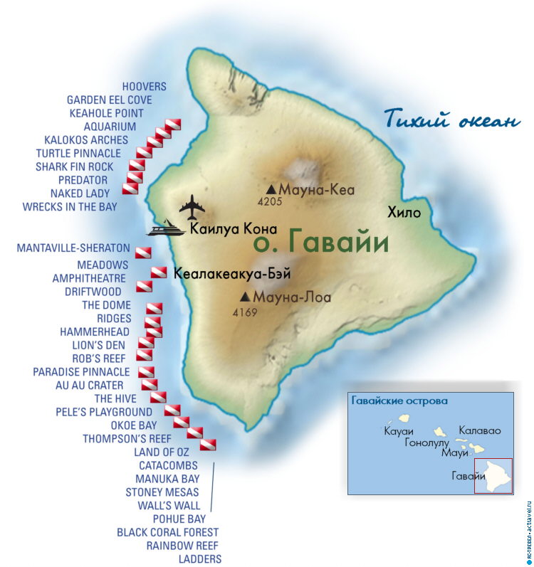 Карта дайвинг-сафари по Гавайям на яхте Kona Aggressor II