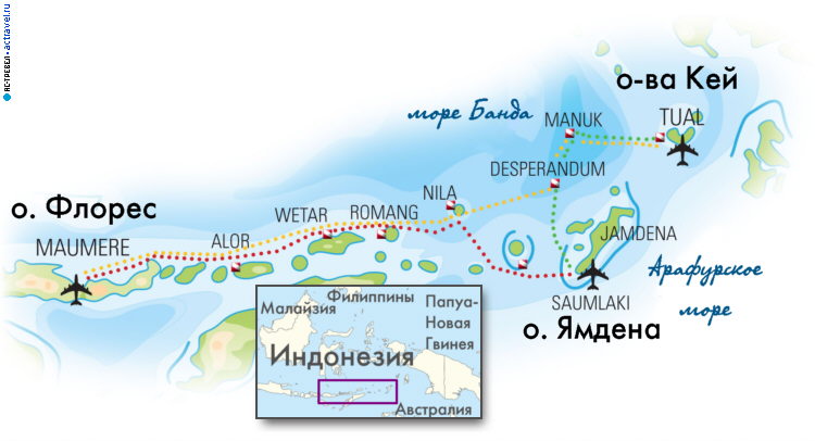 Карта маршрутов дайвинг-сафари яхты Indo Aggressor по Забытым островам (Молукский архипелаг), Индонезия