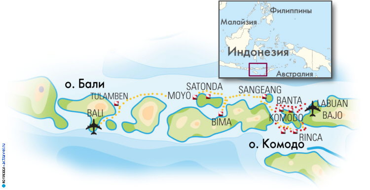 Карта маршрутов дайвинг-сафари яхты Indo Aggressor у острова Комодо, Индонезия