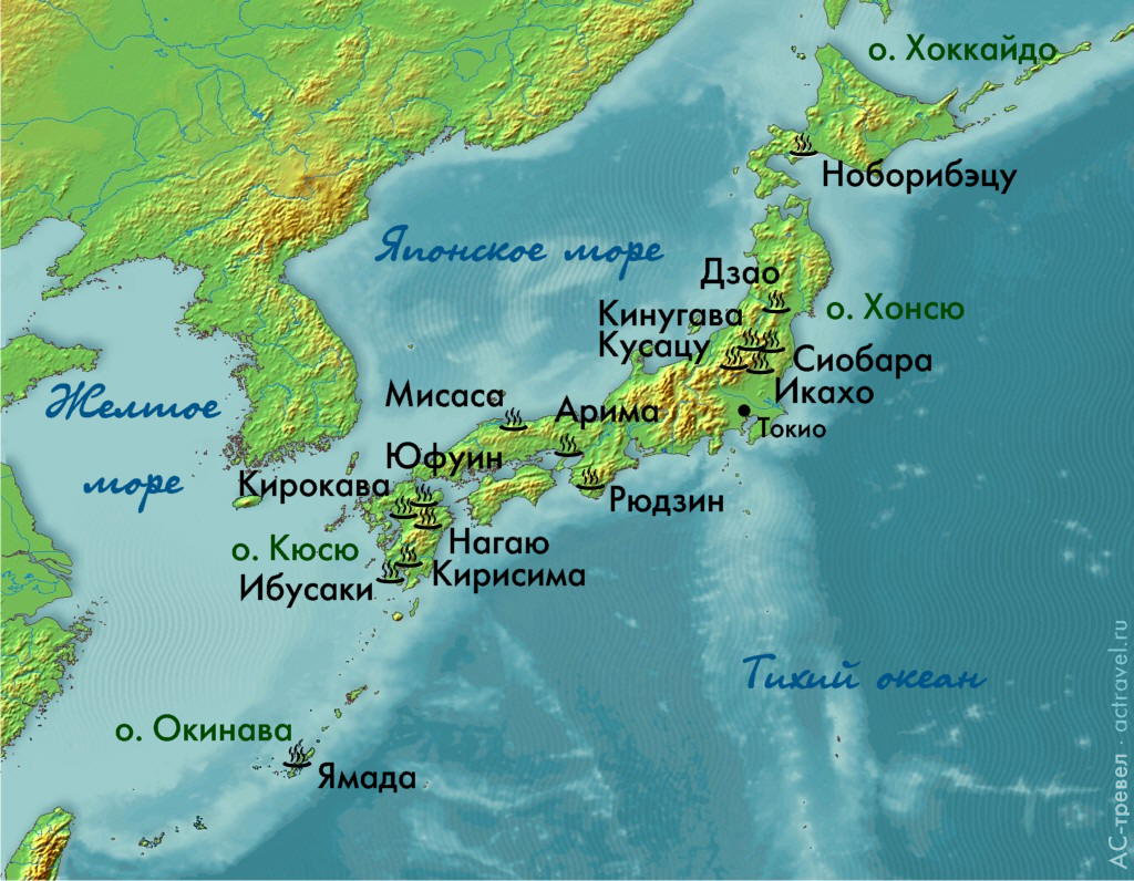 Карта основных горячих источников Японии