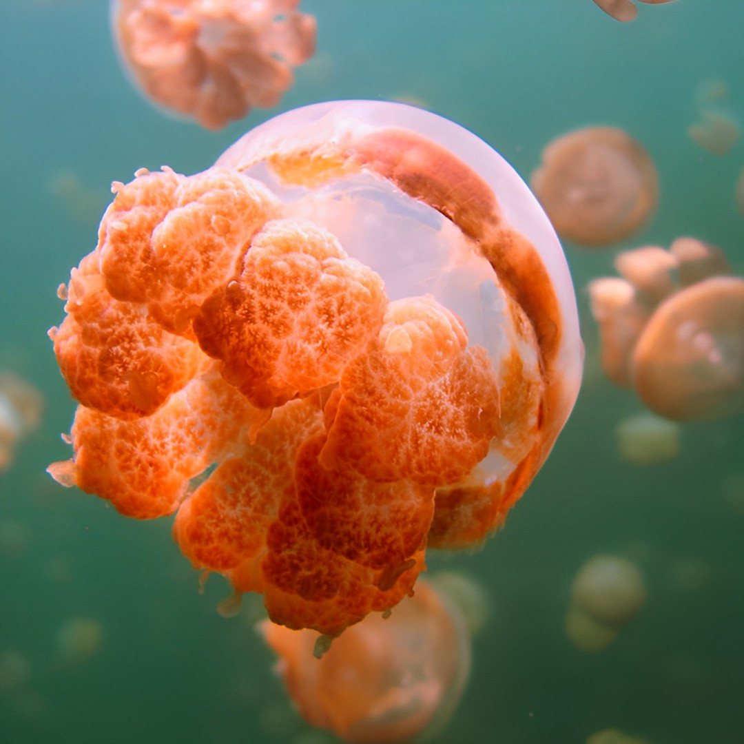 Золотая медуза кормит своих подопечных симбионтов