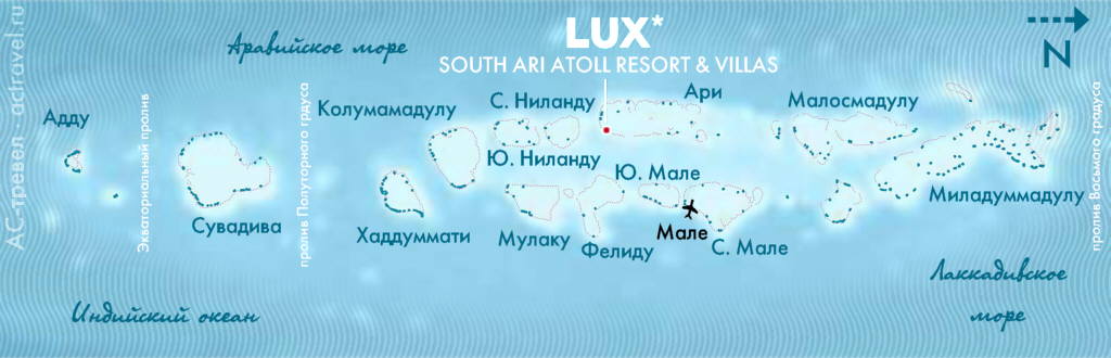 Положение отеля LUX* South Ari Atoll на карте Мальдивских островов