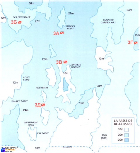 Карта дайв-сайтов зоны La Passe de Belle Mare, восточное побережье острова Маврикий