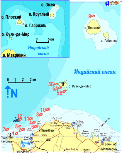 Карта дайв-сайтов Севера острова Маврикий