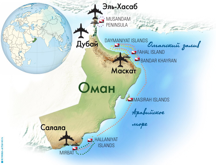 Карта погружений с яхты Oman Aggressor