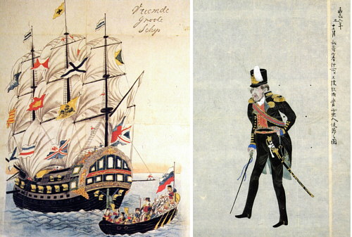 Фрегат Паллада в порту Нагасаки. Адмирал Евфимий путятин. Японский художник, 1853-54 г.