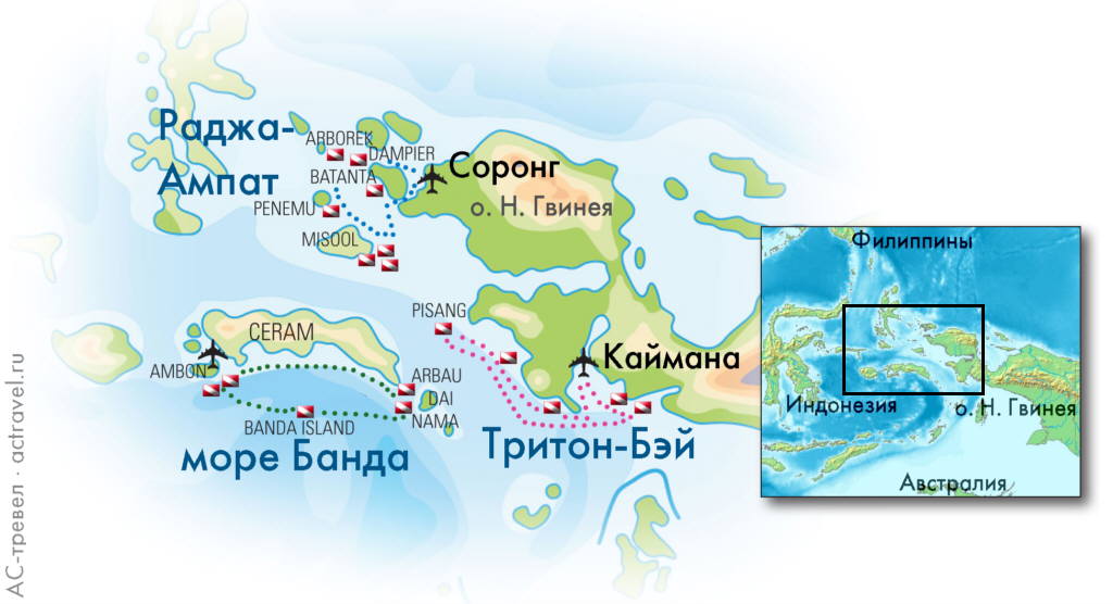 Схема маршрута дайвинг-сафари и дайв-сайты островов Раджа-Ампат
