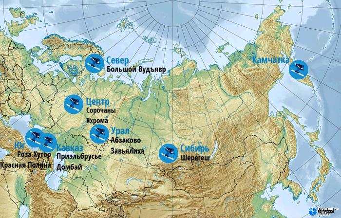 Карта основных горнолыжных курортов России