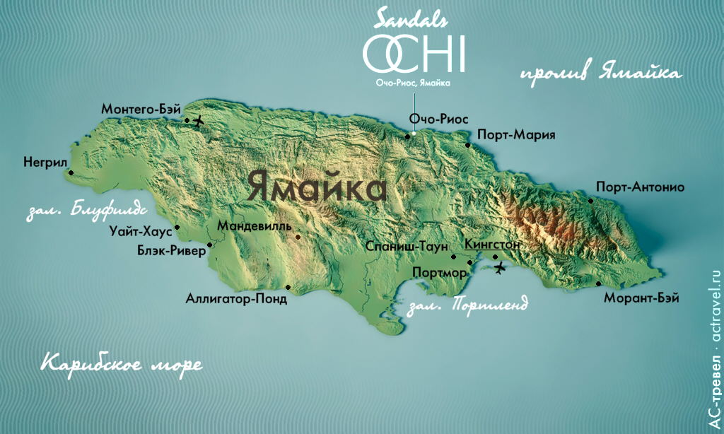 Положение отеля Sandals Ochi на карте острова Ямайка