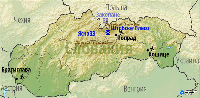 Карта основных горнолыжных курортов Словакии