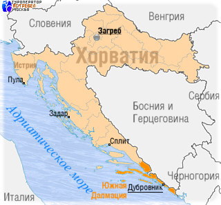 Положение Южной Далмации на карте Хорватии