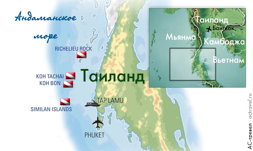 Карта маршрутов и места погружений сафари яхты Thailand Aggressor