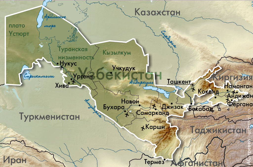 Карта Узбекистана, положение в Средней Азии