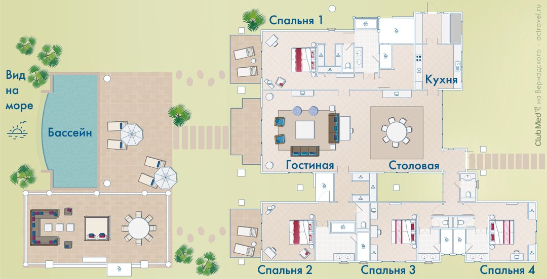 План виллы с 4 спальнями на курорте Club Med Albion