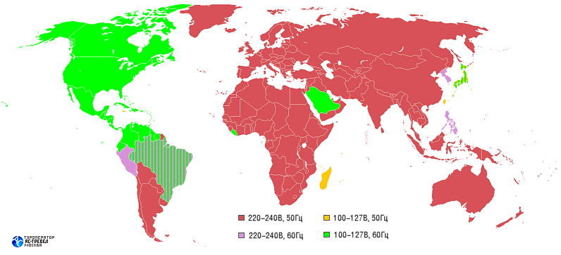 Карта электрического напряжение и частоты тока в разных странах мира